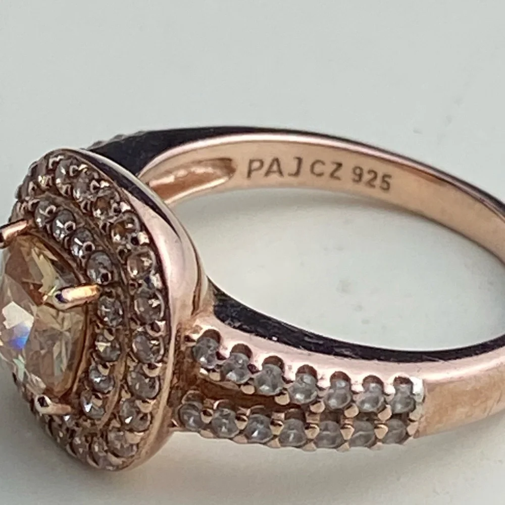 14K Rose Gold Plated Sterling Cushion Cut Champaign Cubic Zirconia Double Halo